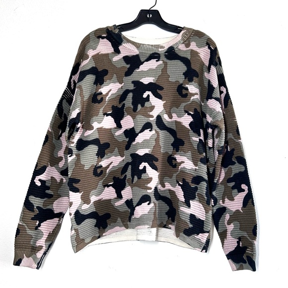 Camo Scoop Neck Ribbed Relaxed Fit Sweater Top - Picture 1 of 5